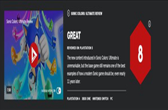 《索尼克色彩终极版》IGN 8分 当代系列最佳范例之一(图1)